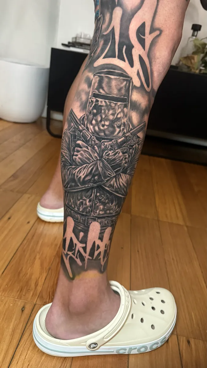 Healed black and grey leg sleeve tattoo showing long-term results